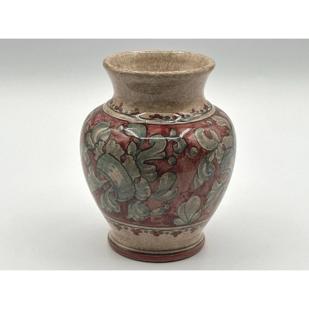Biagioli Gubbio Italy Art Pottery Vase Hand Painted Floral Red Green Vintage 5